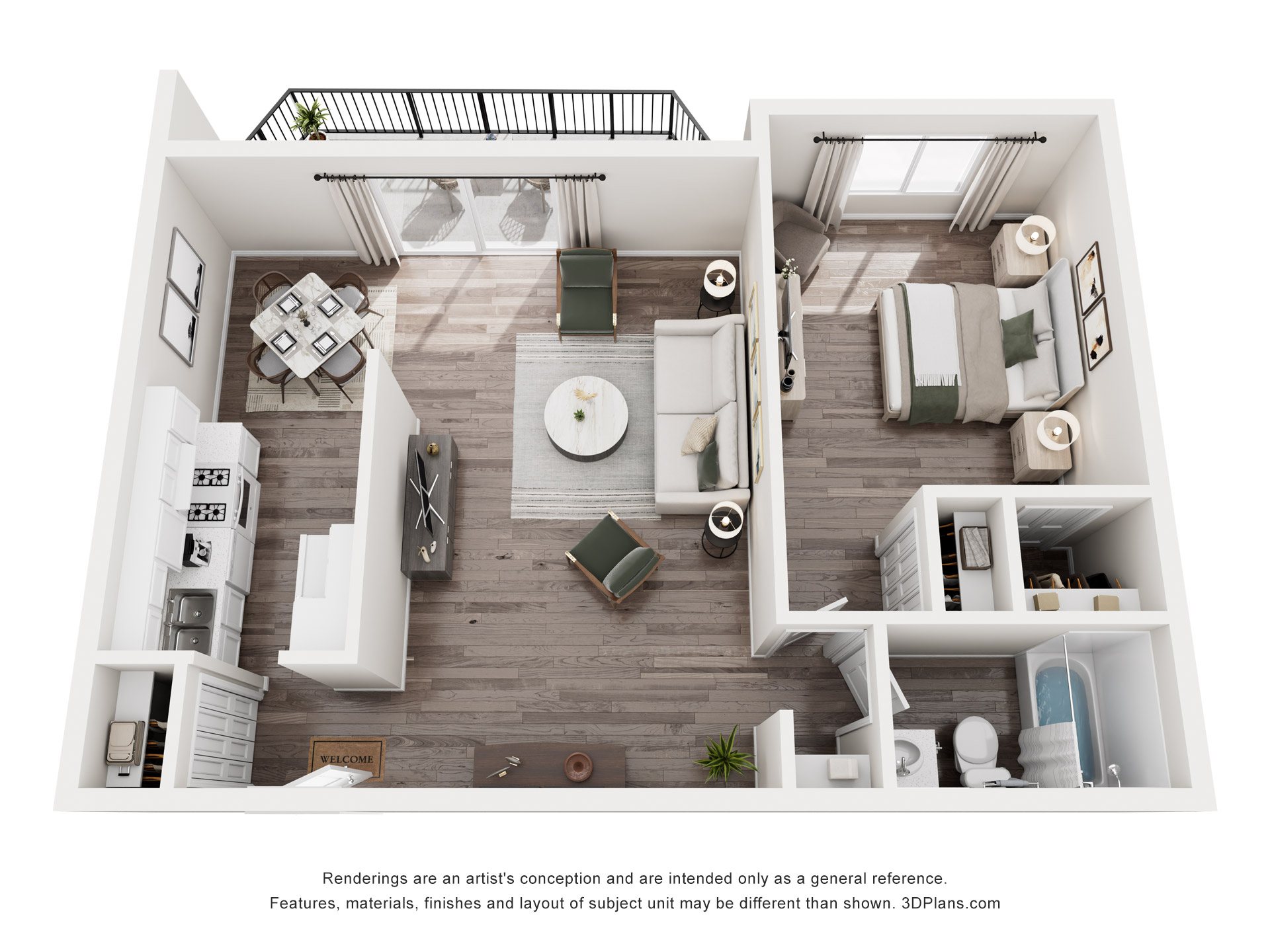 Floor plan for 1 bed, 1 bath, 910 sqft